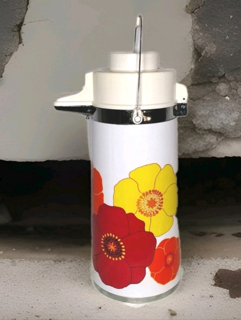 Vintage White Floral Insulated Carafe Airpot - Red & Orange Flower Design